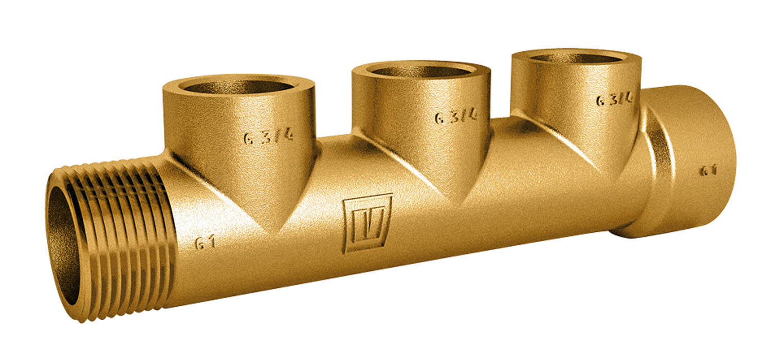 Manifold with 1 x G 3/4 thread in/outside, and 2 x